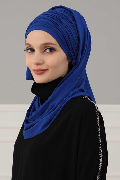 Jersey Shawl for Women 95% Cotton Bonnet Modesty Turban Cap Wrap Instant Scarf,BT-1 Sax Blue