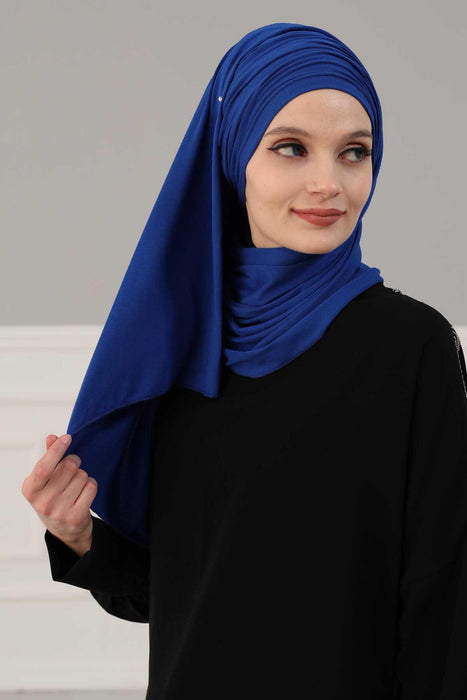 Jersey Shawl for Women 95% Cotton Bonnet Modesty Turban Cap Wrap Instant Scarf,BT-1 Sax Blue