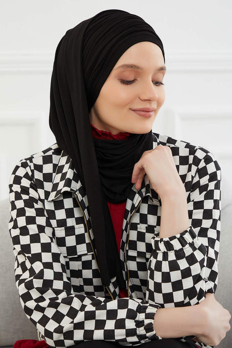 Jersey Shawl for Women 95% Cotton Bonnet Modesty Turban Cap Wrap Instant Scarf,BT-1 Black