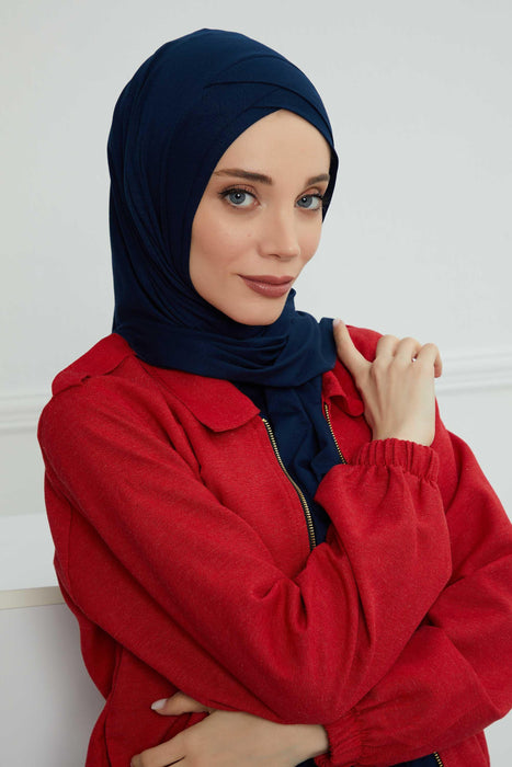 Jersey Shawl for Women 95% Cotton Head Wrap Instant Modesty Turban Cap Scarf Cross Stich Ready to Wear Hijab,PS-40 Navy Blue