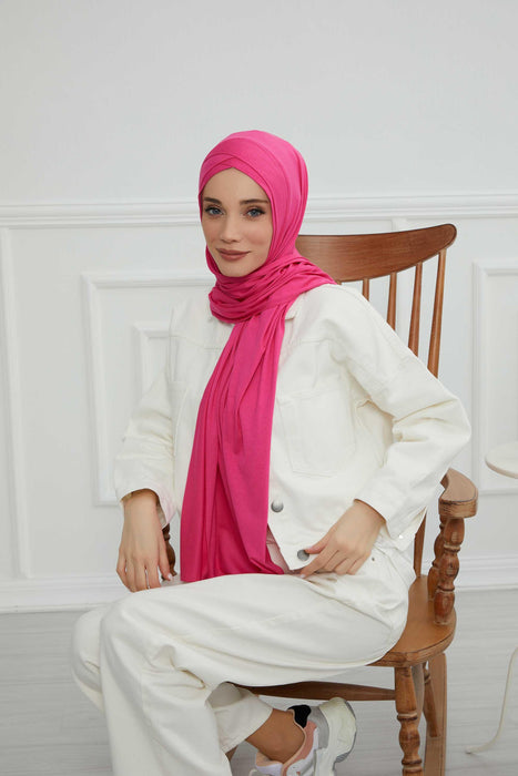 Jersey Shawl for Women 95% Cotton Head Wrap Instant Modesty Turban Cap Scarf Cross Stich Ready to Wear Hijab,PS-40 Fuchsia