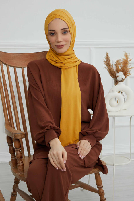 Jersey Shawl for Women 95% Cotton Head Wrap Instant Modesty Turban Cap Scarf Cross Stich Ready to Wear Hijab,PS-40 Mustard Yellow