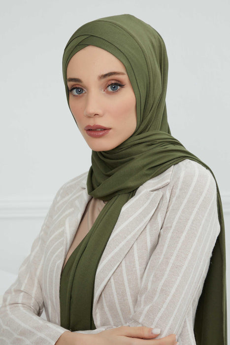 Jersey Shawl for Women 95% Cotton Head Wrap Instant Modesty Turban Cap Scarf Cross Stich Ready to Wear Hijab,PS-40 Army Green