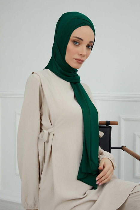 Jersey Shawl for Women 95% Cotton Head Wrap Instant Modesty Turban Cap Scarf Cross Stich Ready to Wear Hijab,PS-40 Green