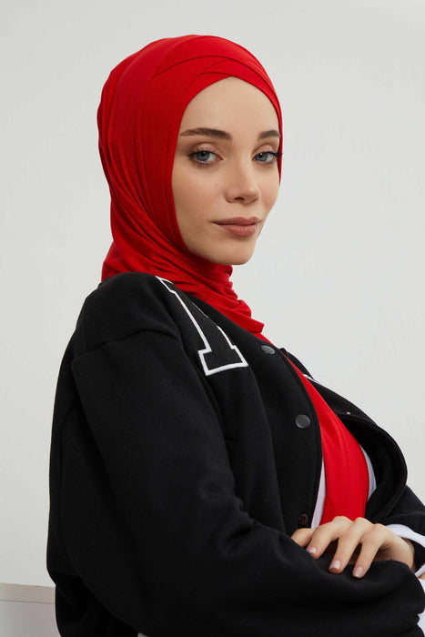 Jersey Shawl for Women 95% Cotton Head Wrap Instant Modesty Turban Cap Scarf Cross Stich Ready to Wear Hijab,PS-40 Red