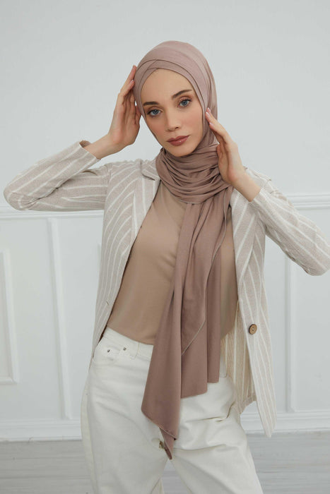 Jersey Shawl for Women 95% Cotton Head Wrap Instant Modesty Turban Cap Scarf Cross Stich Ready to Wear Hijab,PS-40 Mink
