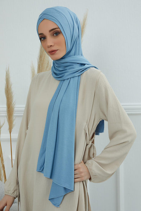 Jersey Shawl for Women 95% Cotton Head Wrap Instant Modesty Turban Cap Scarf Cross Stich Ready to Wear Hijab,PS-40 Blue