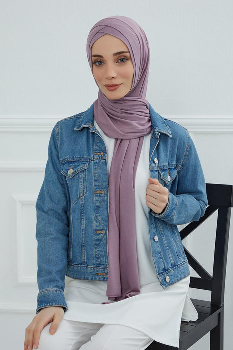 Jersey Shawl for Women 95% Cotton Head Wrap Instant Modesty Turban Cap Scarf Cross Stich Ready to Wear Hijab,PS-40 Lilac
