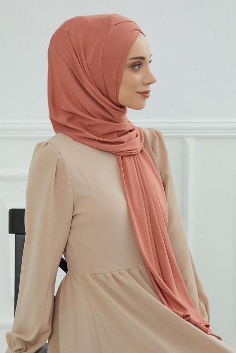 Jersey Shawl for Women 95% Cotton Head Wrap Instant Modesty Turban Cap Scarf Cross Stich Ready to Wear Hijab,PS-40 Salmon