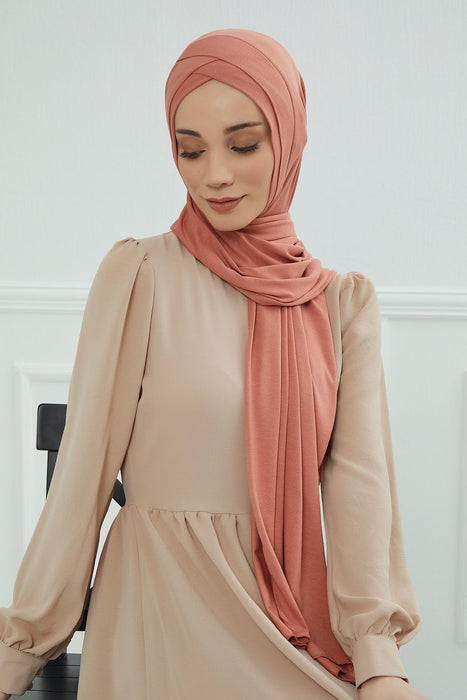 Jersey Shawl for Women 95% Cotton Head Wrap Instant Modesty Turban Cap Scarf Cross Stich Ready to Wear Hijab,PS-40 Salmon