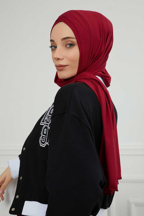 Jersey Shawl for Women 95% Cotton Head Wrap Instant Modesty Turban Cap Scarf Cross Stich Ready to Wear Hijab,PS-40 Maroon