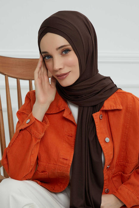 Jersey Shawl for Women 95% Cotton Head Wrap Instant Modesty Turban Cap Scarf Cross Stich Ready to Wear Hijab,PS-40 Brown