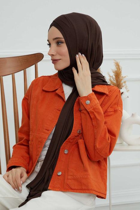 Jersey Shawl for Women 95% Cotton Head Wrap Instant Modesty Turban Cap Scarf Cross Stich Ready to Wear Hijab,PS-40 Brown