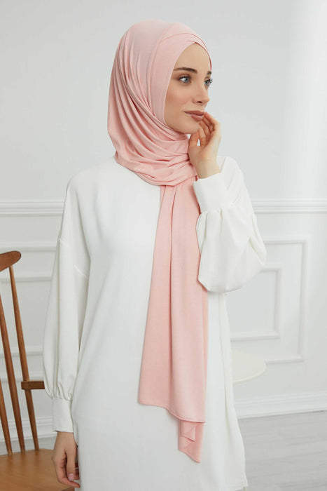 Jersey Shawl for Women 95% Cotton Head Wrap Instant Modesty Turban Cap Scarf Cross Stich Ready to Wear Hijab,PS-40 Powder
