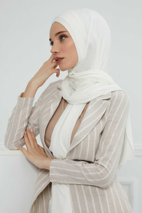 Jersey Shawl for Women 95% Cotton Head Wrap Instant Modesty Turban Cap Scarf Cross Stich Ready to Wear Hijab,PS-40 Ivory