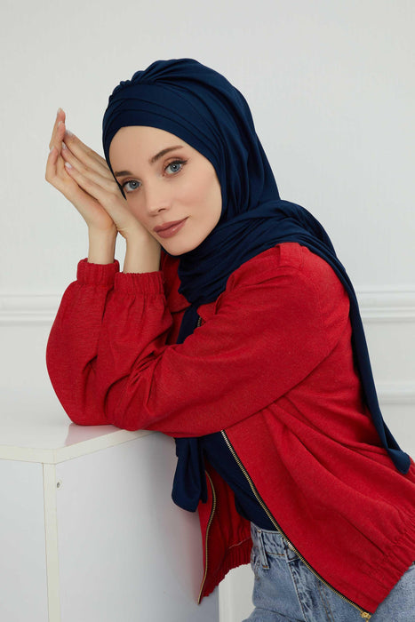Soft Jersey Hijab Shawl for Women, 95% Cotton and Comfortable Ready to Wear Women Headscarf, Cross Stich Instant Pre-tied Hijab Shawl,PS-41 Navy Blue