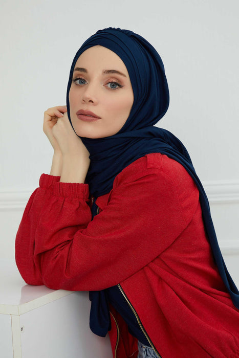 Soft Jersey Hijab Shawl for Women, 95% Cotton and Comfortable Ready to Wear Women Headscarf, Cross Stich Instant Pre-tied Hijab Shawl,PS-41 Navy Blue