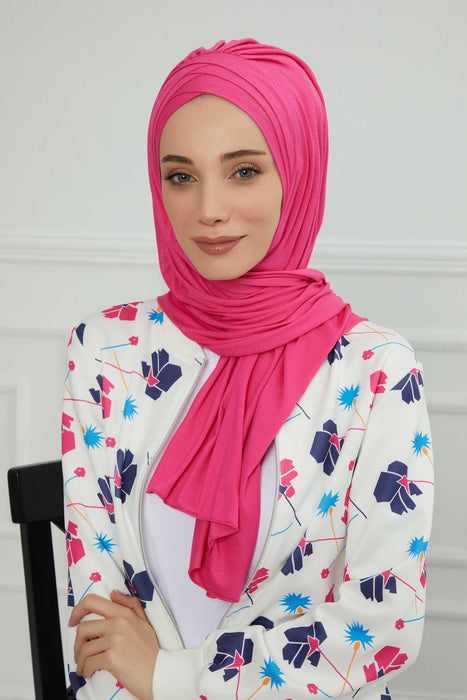 Soft Jersey Hijab Shawl for Women, 95% Cotton and Comfortable Ready to Wear Women Headscarf, Cross Stich Instant Pre-tied Hijab Shawl,PS-41 Fuchsia