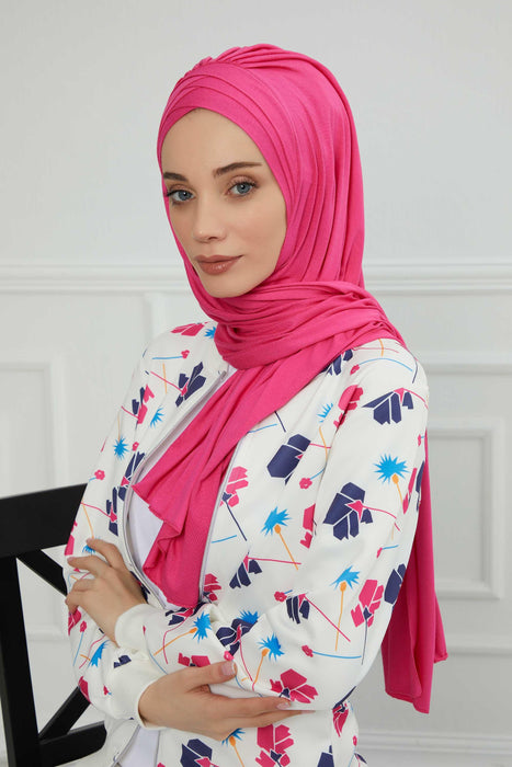 Soft Jersey Hijab Shawl for Women, 95% Cotton and Comfortable Ready to Wear Women Headscarf, Cross Stich Instant Pre-tied Hijab Shawl,PS-41 Fuchsia