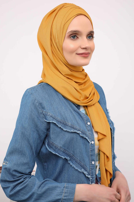 Soft Jersey Hijab Shawl for Women, 95% Cotton and Comfortable Ready to Wear Women Headscarf, Cross Stich Instant Pre-tied Hijab Shawl,PS-41 Mustard Yellow