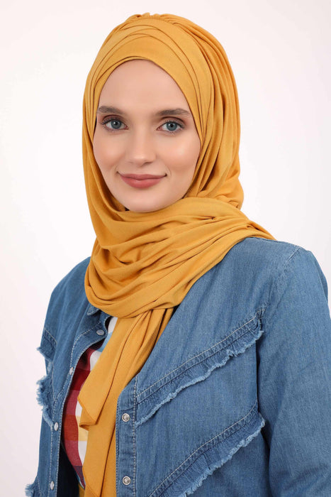 Soft Jersey Hijab Shawl for Women, 95% Cotton and Comfortable Ready to Wear Women Headscarf, Cross Stich Instant Pre-tied Hijab Shawl,PS-41 Mustard Yellow