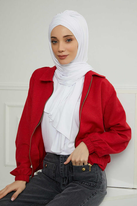 Soft Jersey Hijab Shawl for Women, 95% Cotton and Comfortable Ready to Wear Women Headscarf, Cross Stich Instant Pre-tied Hijab Shawl,PS-41 White