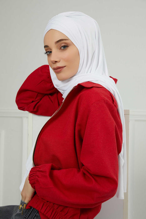 Soft Jersey Hijab Shawl for Women, 95% Cotton and Comfortable Ready to Wear Women Headscarf, Cross Stich Instant Pre-tied Hijab Shawl,PS-41 White