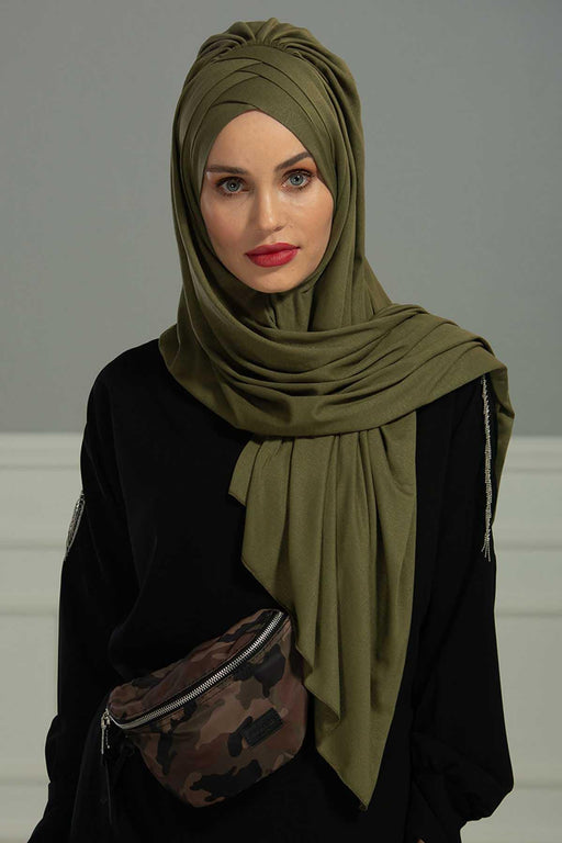 Soft Jersey Hijab Shawl for Women, 95% Cotton and Comfortable Ready to Wear Women Headscarf, Cross Stich Instant Pre-tied Hijab Shawl,PS-41 Army Green