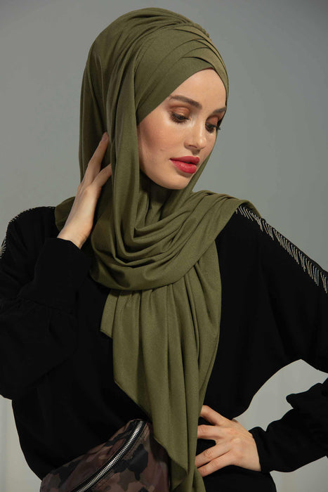 Soft Jersey Hijab Shawl for Women, 95% Cotton and Comfortable Ready to Wear Women Headscarf, Cross Stich Instant Pre-tied Hijab Shawl,PS-41 Army Green