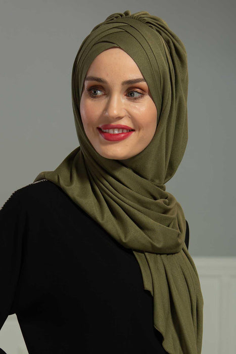 Soft Jersey Hijab Shawl for Women, 95% Cotton and Comfortable Ready to Wear Women Headscarf, Cross Stich Instant Pre-tied Hijab Shawl,PS-41 Army Green