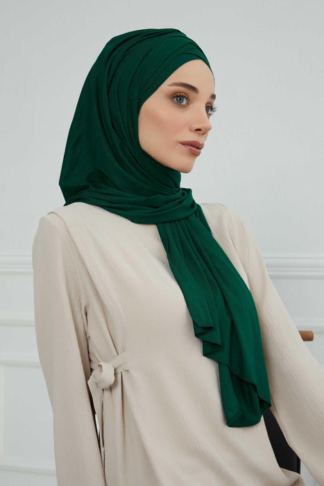 Soft Jersey Hijab Shawl for Women, 95% Cotton and Comfortable Ready to Wear Women Headscarf, Cross Stich Instant Pre-tied Hijab Shawl,PS-41 Green