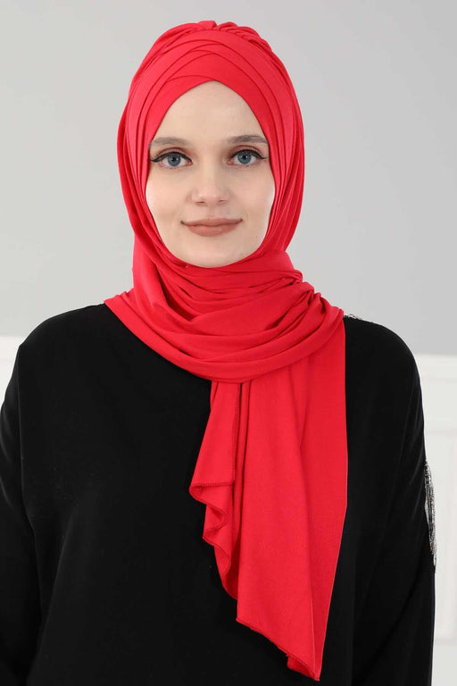 Soft Jersey Hijab Shawl for Women, 95% Cotton and Comfortable Ready to Wear Women Headscarf, Cross Stich Instant Pre-tied Hijab Shawl,PS-41 Red