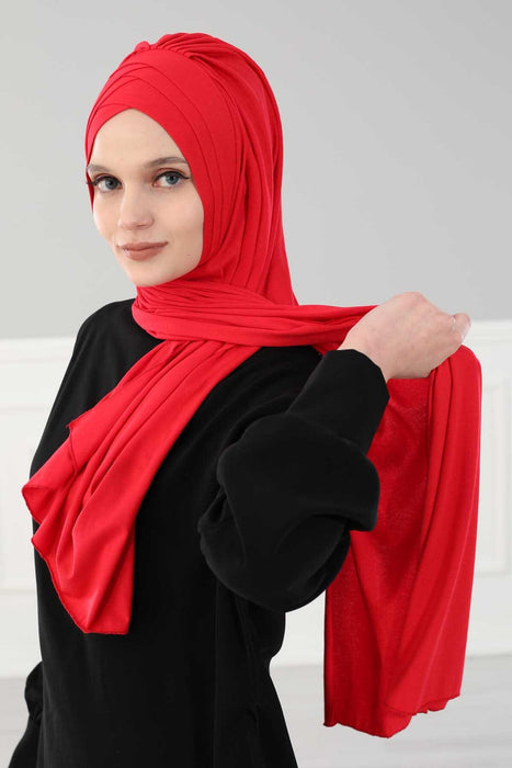 Soft Jersey Hijab Shawl for Women, 95% Cotton and Comfortable Ready to Wear Women Headscarf, Cross Stich Instant Pre-tied Hijab Shawl,PS-41 Red
