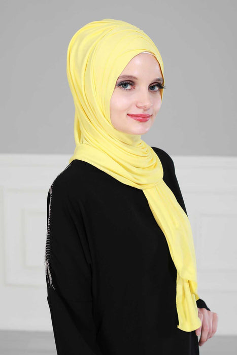 Soft Jersey Hijab Shawl for Women, 95% Cotton and Comfortable Ready to Wear Women Headscarf, Cross Stich Instant Pre-tied Hijab Shawl,PS-41 Yellow