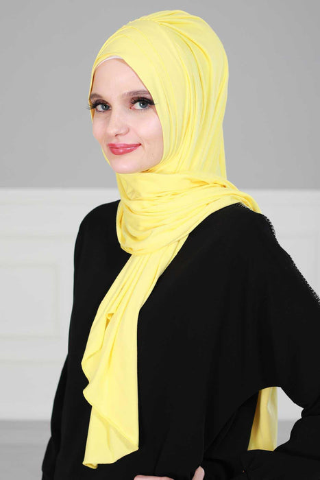 Soft Jersey Hijab Shawl for Women, 95% Cotton and Comfortable Ready to Wear Women Headscarf, Cross Stich Instant Pre-tied Hijab Shawl,PS-41 Yellow