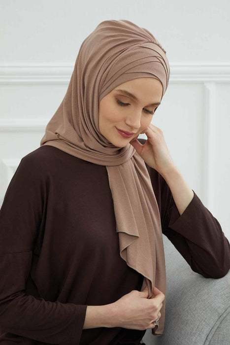 Soft Jersey Hijab Shawl for Women, 95% Cotton and Comfortable Ready to Wear Women Headscarf, Cross Stich Instant Pre-tied Hijab Shawl,PS-41 Mink