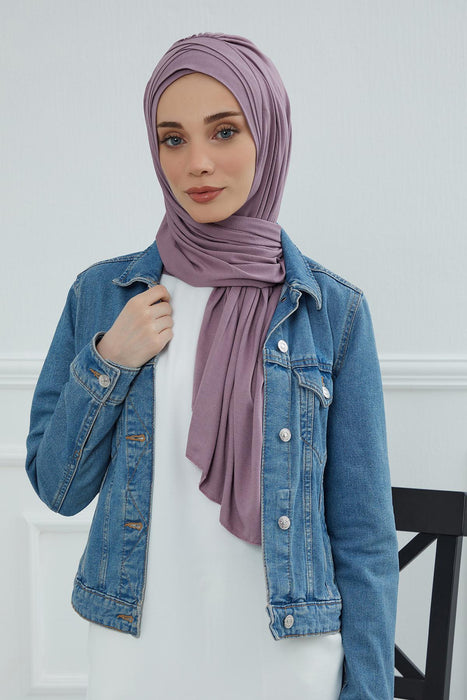Soft Jersey Hijab Shawl for Women, 95% Cotton and Comfortable Ready to Wear Women Headscarf, Cross Stich Instant Pre-tied Hijab Shawl,PS-41 Lilac