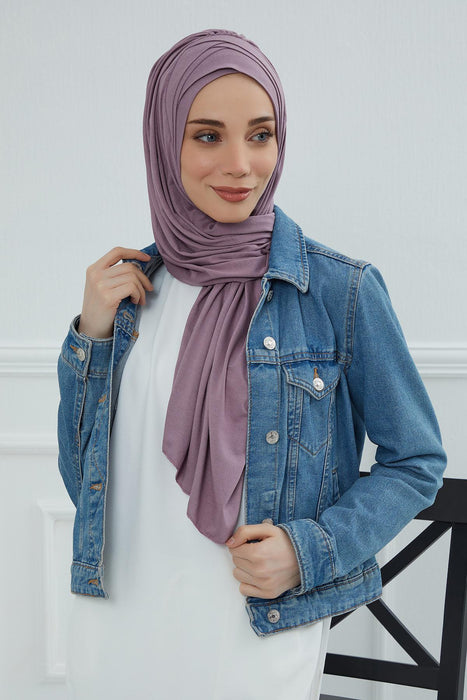 Soft Jersey Hijab Shawl for Women, 95% Cotton and Comfortable Ready to Wear Women Headscarf, Cross Stich Instant Pre-tied Hijab Shawl,PS-41 Lilac