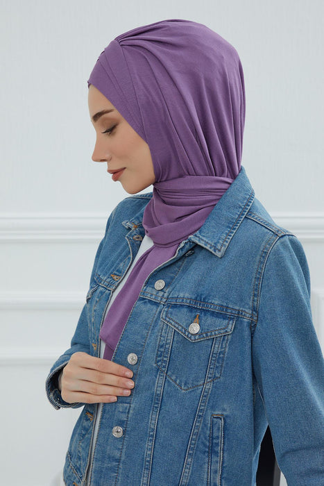 Soft Jersey Hijab Shawl for Women, 95% Cotton and Comfortable Ready to Wear Women Headscarf, Cross Stich Instant Pre-tied Hijab Shawl,PS-41 Purple 2