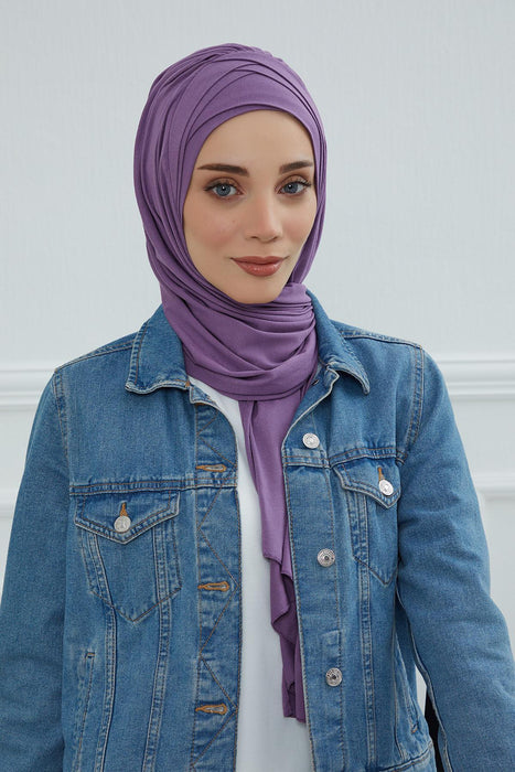 Soft Jersey Hijab Shawl for Women, 95% Cotton and Comfortable Ready to Wear Women Headscarf, Cross Stich Instant Pre-tied Hijab Shawl,PS-41 Purple 2