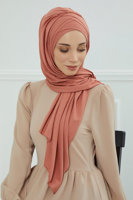 Soft Jersey Hijab Shawl for Women, 95% Cotton and Comfortable Ready to Wear Women Headscarf, Cross Stich Instant Pre-tied Hijab Shawl,PS-41 Salmon
