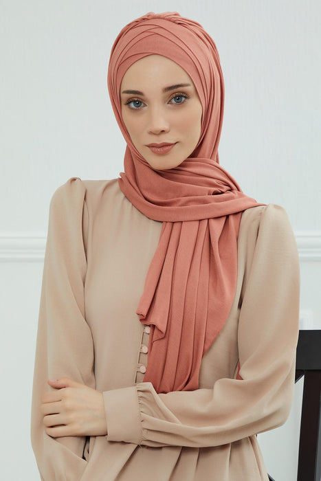 Soft Jersey Hijab Shawl for Women, 95% Cotton and Comfortable Ready to Wear Women Headscarf, Cross Stich Instant Pre-tied Hijab Shawl,PS-41 Salmon