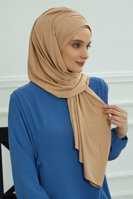 Soft Jersey Hijab Shawl for Women, 95% Cotton and Comfortable Ready to Wear Women Headscarf, Cross Stich Instant Pre-tied Hijab Shawl,PS-41 Sand Brown