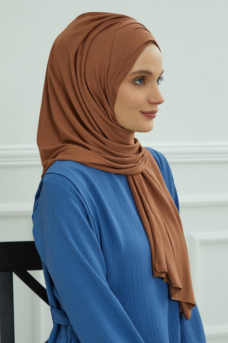 Soft Jersey Hijab Shawl for Women, 95% Cotton and Comfortable Ready to Wear Women Headscarf, Cross Stich Instant Pre-tied Hijab Shawl,PS-41 Caramel Brown