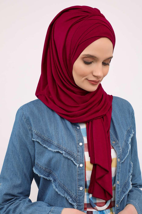 Soft Jersey Hijab Shawl for Women, 95% Cotton and Comfortable Ready to Wear Women Headscarf, Cross Stich Instant Pre-tied Hijab Shawl,PS-41 Maroon