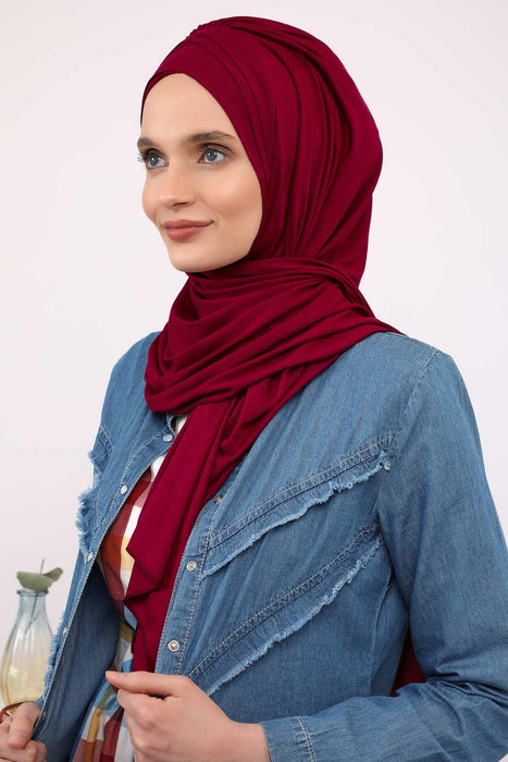 Soft Jersey Hijab Shawl for Women, 95% Cotton and Comfortable Ready to Wear Women Headscarf, Cross Stich Instant Pre-tied Hijab Shawl,PS-41 Maroon