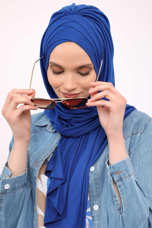 Soft Jersey Hijab Shawl for Women, 95% Cotton and Comfortable Ready to Wear Women Headscarf, Cross Stich Instant Pre-tied Hijab Shawl,PS-41 Sax Blue