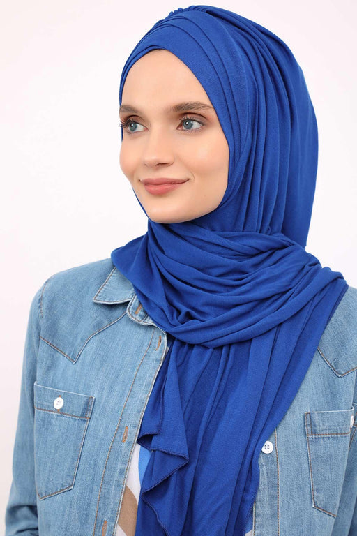 Soft Jersey Hijab Shawl for Women, 95% Cotton and Comfortable Ready to Wear Women Headscarf, Cross Stich Instant Pre-tied Hijab Shawl,PS-41 Sax Blue