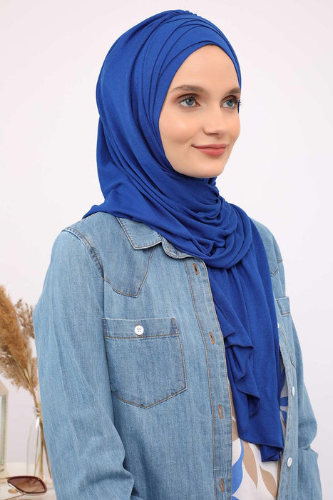 Soft Jersey Hijab Shawl for Women, 95% Cotton and Comfortable Ready to Wear Women Headscarf, Cross Stich Instant Pre-tied Hijab Shawl,PS-41 Sax Blue