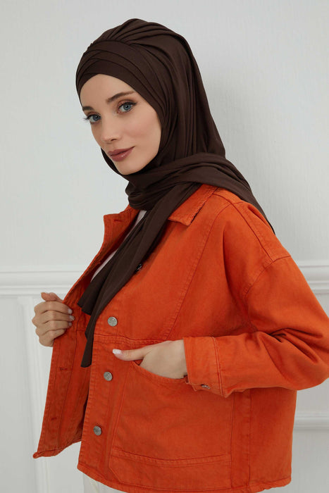 Soft Jersey Hijab Shawl for Women, 95% Cotton and Comfortable Ready to Wear Women Headscarf, Cross Stich Instant Pre-tied Hijab Shawl,PS-41 Brown